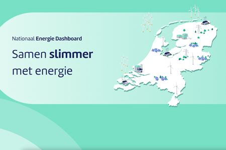 de website Nationaal Energie Dashboard met een kaart van Nederland en de slogan &#39;Samen slimmer met energie&#39;  