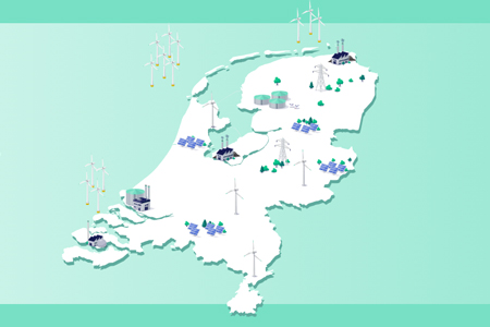 illustratieve kaart van Nederland met daarop bronnen van duurzame energie